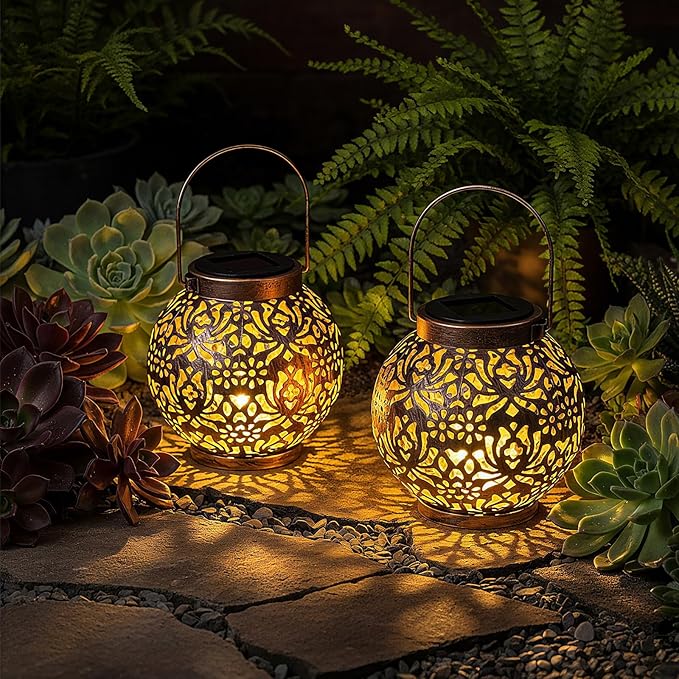 Homemory 2 Pack Solar Lanterns Outdoor Waterproof Hanging Lantern Decorative Outside Lights for Pathway, Patio, Backyard, Porch, Lawn (Bronze)