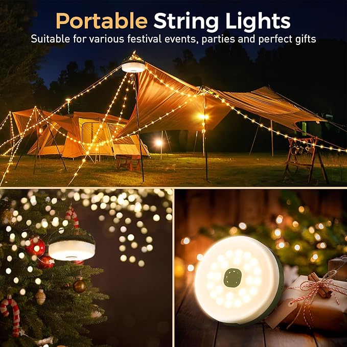 Camping String Lights, Camping Essentials Quick Storage 32.8FT Rechargeable Camping Lights String with 8 Modes, Hanging Waterproof Portable LED Lamp for Outdoor Patio Awning Garden Party Essentials