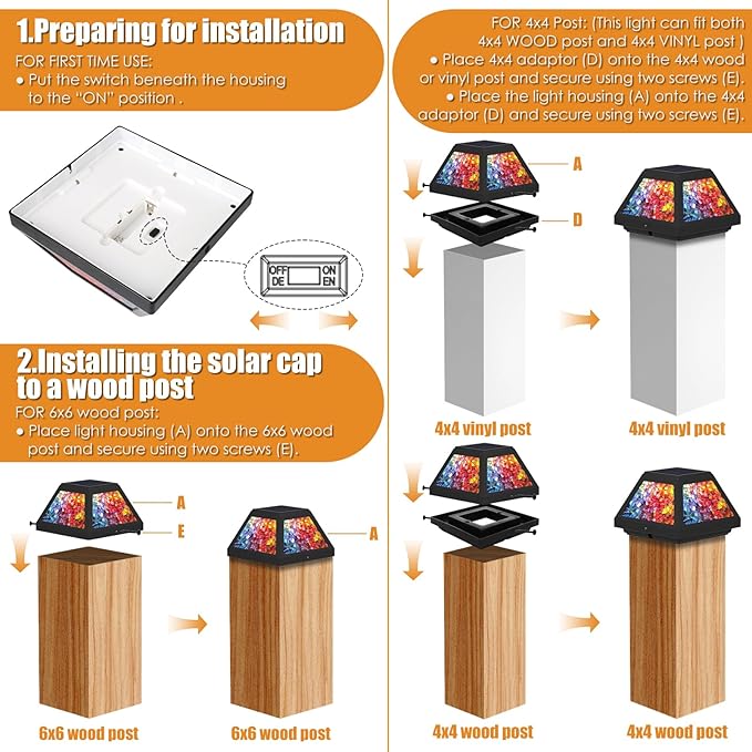 Solar Post Cap Lights - 4x4, 5x5, 6x6 Fence Post Solar Lights, Daffodils Lampshade, 15LM Bright LED, IP65 Waterproof Outdoor Post Lights for Garden, Yard, Deck, Warm White (Mosaic, 4)