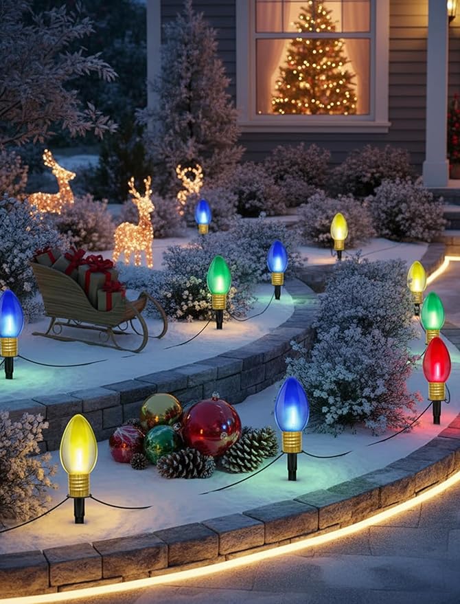 Jumbo Outdoor Christmas Lights Pathway, 2 Pack 7 Ft Jumbo C9 LED Christmas Pathway Lights Outdoor with Marker Stakes, 8 Multicolor Bulbs Holiday Pathway Lights for Lawn Yard Decor