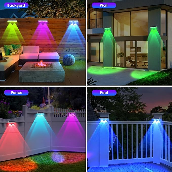 2 Pack Solar Fence Lights Outdoor, 2PK Solar Outdoor Light Warm White & RGB Solar Powered Lights for Outside Backyard, Patio, Deck Fence, Stair Handrail, Pool and Wall