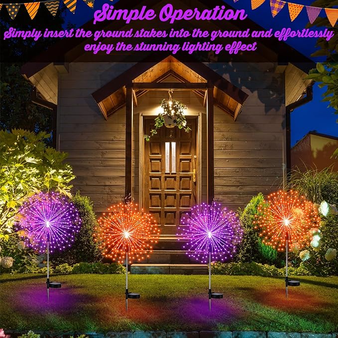 6 Pcs Christmas Solar Firework Stake Lights 180 LED 8 Modes Solar Waterproof LED Sparkler Lights Outdoor Decoration for Christmas Holiday Garden Patio Yard Pathway Walkway, Orange, Purple