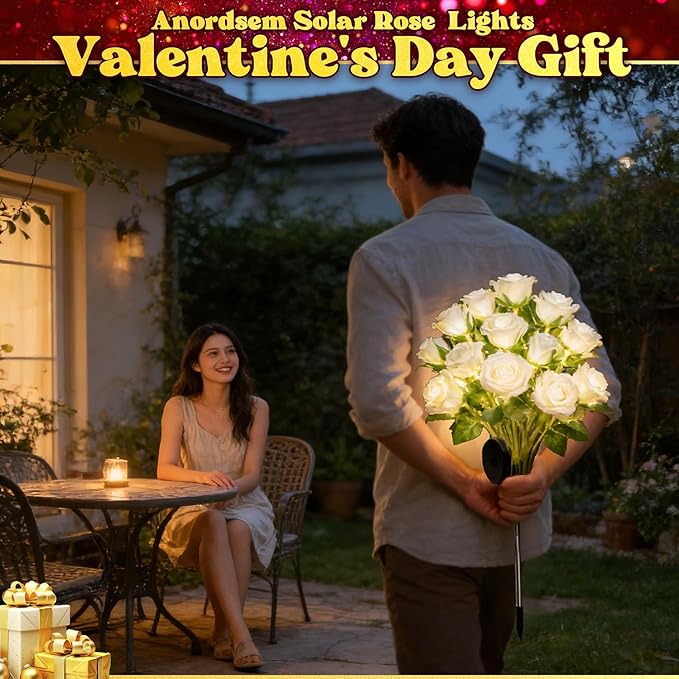 Anordsem Solar Garden Lights Outdoor: 10 Waterproof Fabric Roses 2 Pack - White LED Flower Decorations for Yard Patio Path Cemetery Grave - Mother's Day Gifts for Her Women Mom Wife