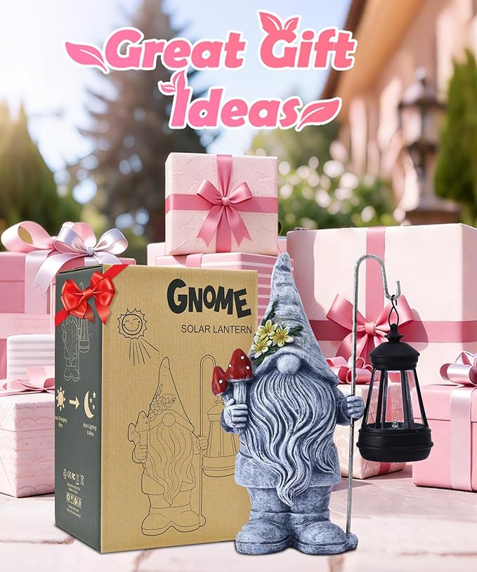Garden Gnome Statue with Lantern: Outdoor Sculpture Decor for Home Yard Lawn Balcony Patio Porch - Mothers Day Gifts for Mom Women Grandma