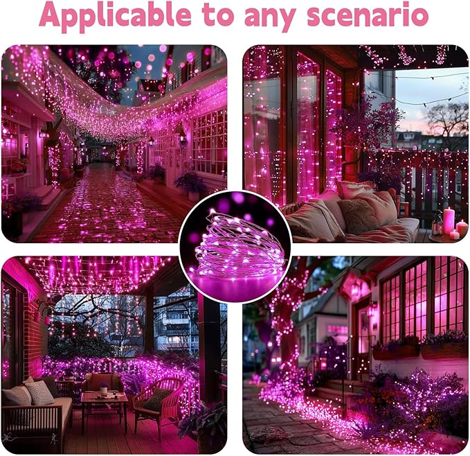 HXWEIYE Rechargeable Fairy Lights with Remote, 2 Pack 33ft 100LED Twinkle Lights with DIY Timer & Light Sensor, Waterproof Outdoor String Lights for Bedroom Patio Christmas Tree Decor, Pink