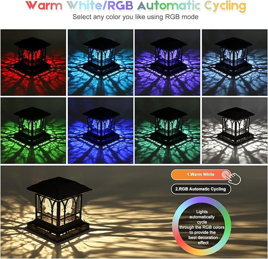 Fence Post Solar Lights, Crackle Glass Solar Post Cap Lights, 20 Lumens, Warm White & RGB Automatic Cycling 2 Modes for 3.6x3.6 4x4 4.5x4.5 5x5 Vinyl Wooden Posts Decoration, Black (2 Pack)