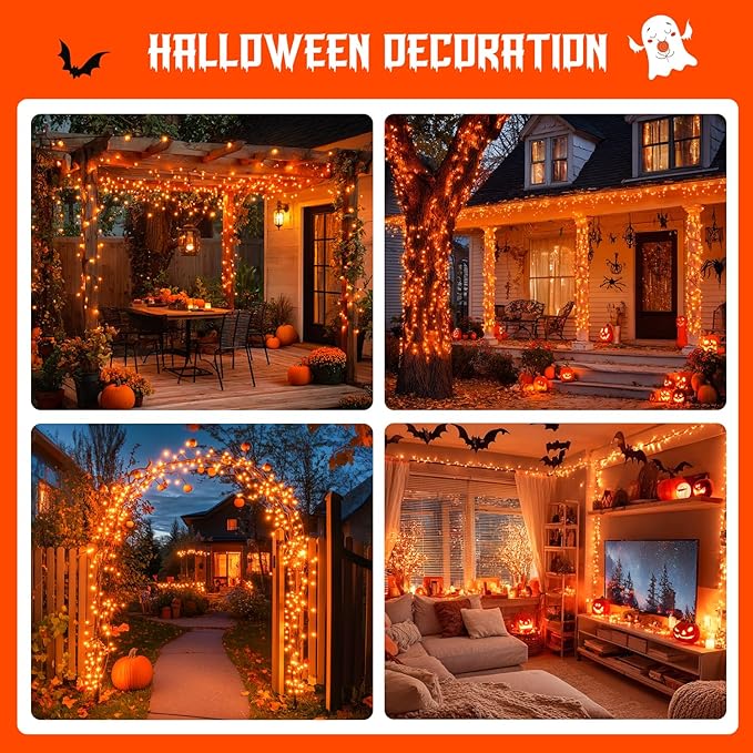 JMEXSUSS Orange Halloween Lights Battery Operated, Each 33 FT String Lights Indoor Outdoor Waterproof, 2 Pack 100 LED Christmas Light for Halloween Tree Thanksgiving Decorations