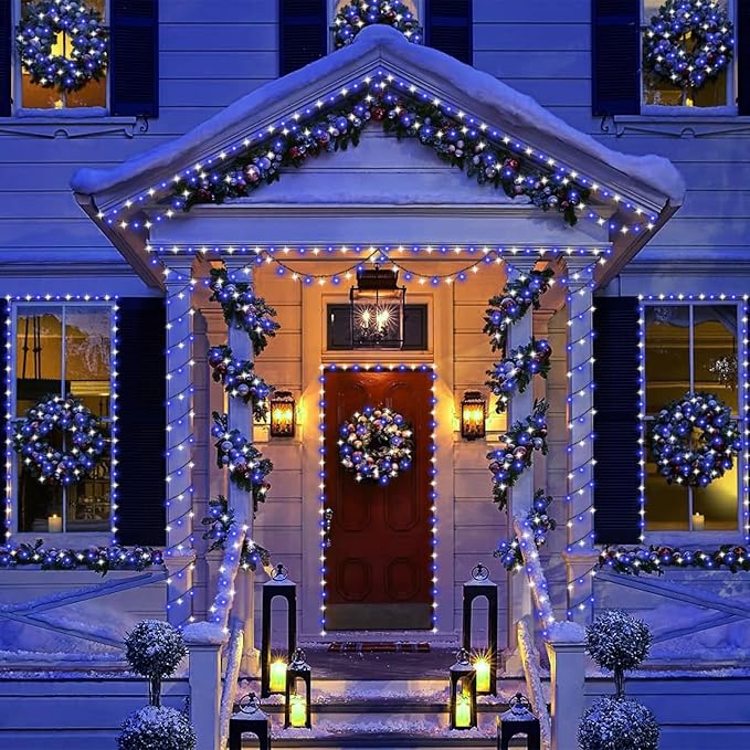 YEGUO Christmas Lights Battery Operated, 2 Pack Each 33ft 100 LED Blue and White String Lights Outdoor Waterproof, 8 Modes Green Wire Fairy Light Indoor with Remote