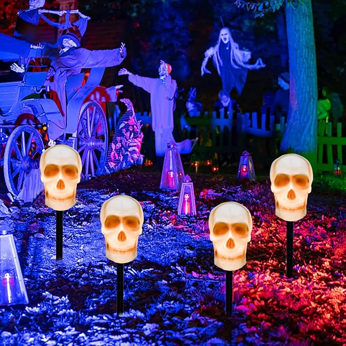 C7 Halloween Skull Pathway Stake Lights, 7 Ft Halloween Pathway String Lights with 4 C7 Bulbs, Stake, Halloweens Decorations Driveway Markers Lights for Outdoor Holiday Garden Walkway Party Lighting