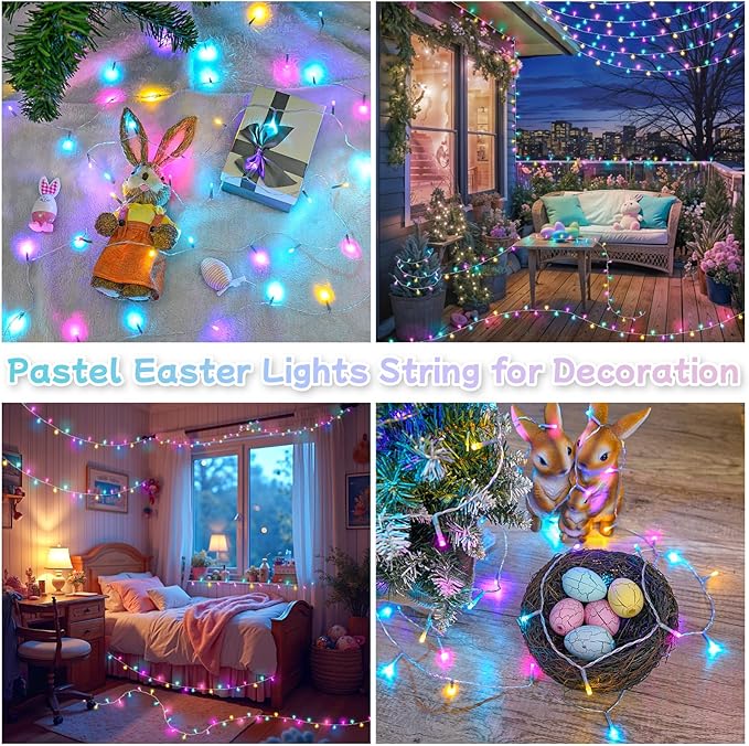 Pastel Easter Lights String Battery Operated Total 100LED 33ft for Easter Decorations for Home Outdoor Indoor Waterproof with Timer for Party Decorations, Multicolor