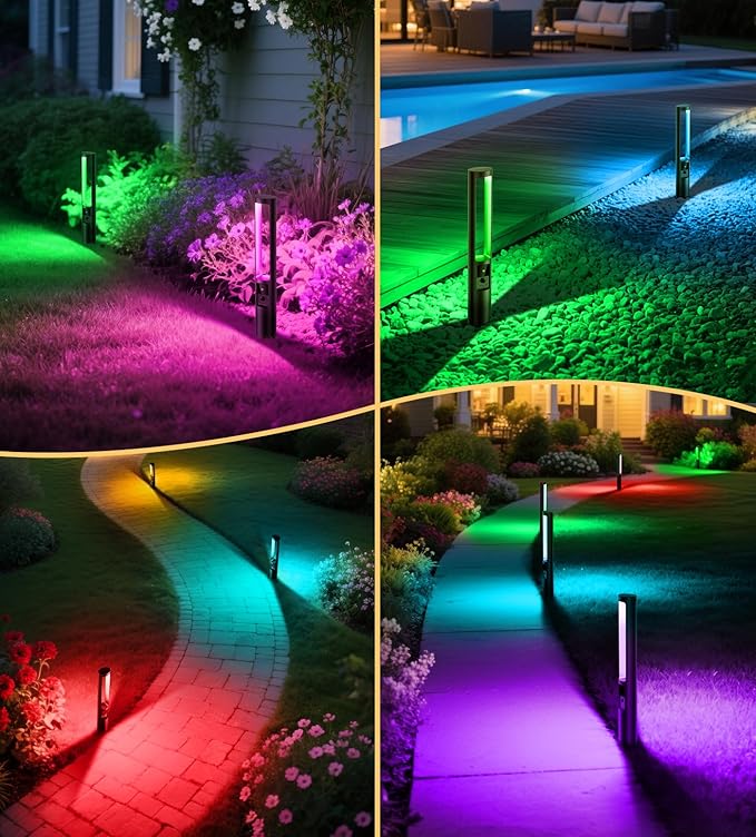 MEIKEE 5W RGB Low Voltage Path Lights 12-24V Color Changing Landscape Lights Auto On/Off Waterproof Outdoor Landscape Lighting with 100W Driver 100FT Cord for Garden Yard Pathway(12 Pack)