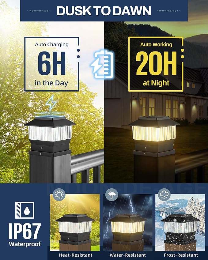 50 Lumen Solar Post Lights, 3 Modes Outdoor Deck Fence Post Cap Lights - 4x4 3.5x3.5 4.5x4.5 or 5.5x5.5, LED Landscaping Patio Garden Yard Decoration Waterproof (6 Pack, Black)