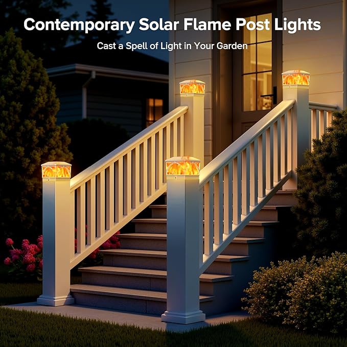 LETMY 8 Pack Solar Flame Post Cap Lights Outdoor- Flickering Flame & Warm Light 4x4 Fence Post Solar Lights Outdoor Waterproof for Fence, Garden, Yard, Deck, Patio Decor, 4X4 Vinyl Wooden Posts(White)