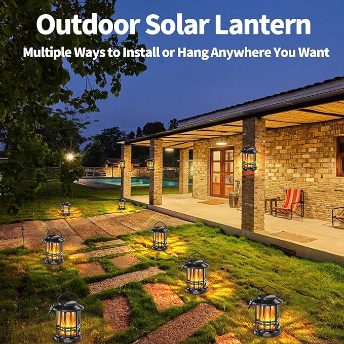 Solar Lanterns Outdoor Waterproof,Flickering Flame Landscape Lanterns ,Solar Powered Outdoor Hanging Lights Decor for Garden, Yard, Patio, Porch 4 Pack