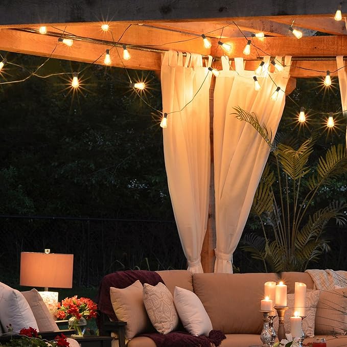 100FT Solar String Lights Outdoor Waterproof with Remote Control Solar Patio Lights 30+2 shatterproof LED ST38 Bulbs for Porch Garden Market Bistro Patio Backyard Fence
