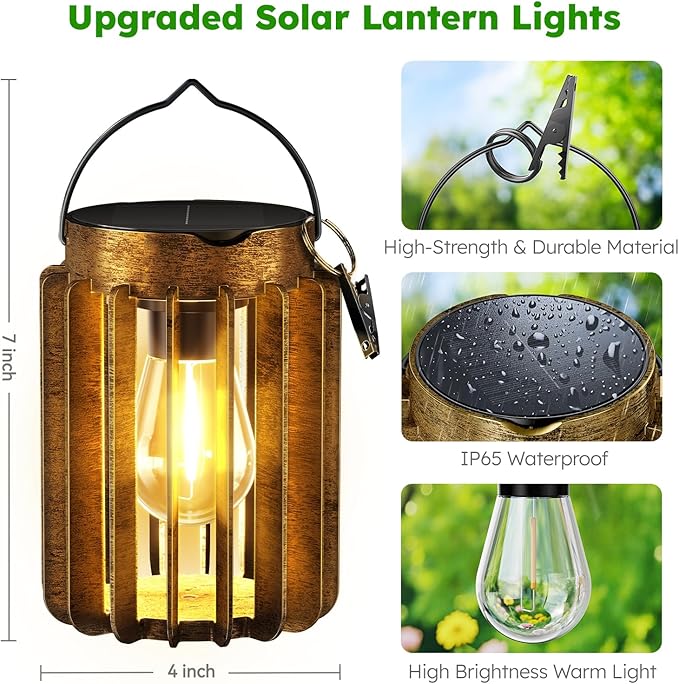 Solar Lanterns Outdoor Waterproof, Brighter Up to 12 Hrs Outdoor Hanging Solar Lights, Outside Hanging Lanterns for Garden Porch Patio Yard Decor, Gifts for Women Mom Father 2 Pack