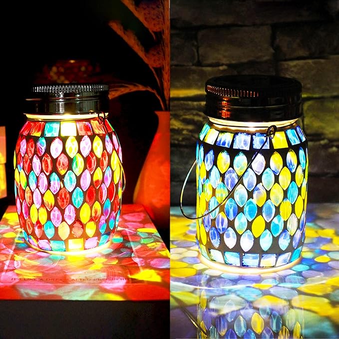 2 Pack Solar Outdoor Mosaic Lantern,Solar Lights Outdoor Hanging Lanterns Rechargeable Waterproof Table lamp Mosaic Night Light for Garden, Patio, Party, Yard, Outdoor/Indoor Decorations