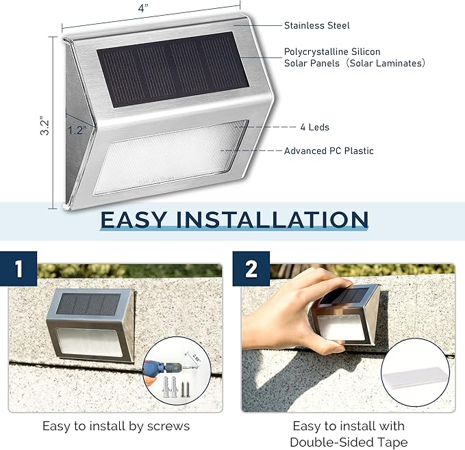 SOLPEX Solar Step Lights, 6 Pack Stair Lights, Outdoor Fence Lighting, Solar Powered Deck Lights Waterproof 4 LEDs for Stairway Patio Porch Pathway Walkway Garden (Cold White)