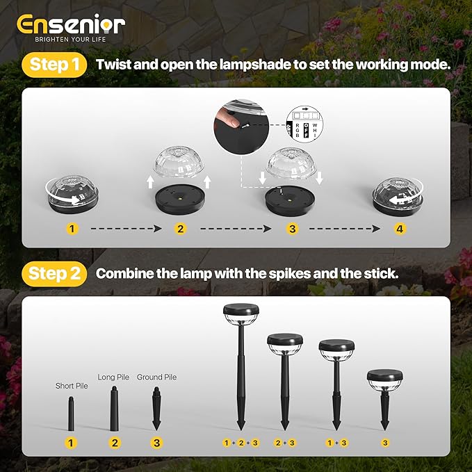 Ensenior Solar Pathway Lights IP65 Waterproof, RGB Color Changing & 6500K Cool White, 8-16Hr Runtime, Flower Pattern Garden Lights for Walkway Porch Yard - 10 Pack