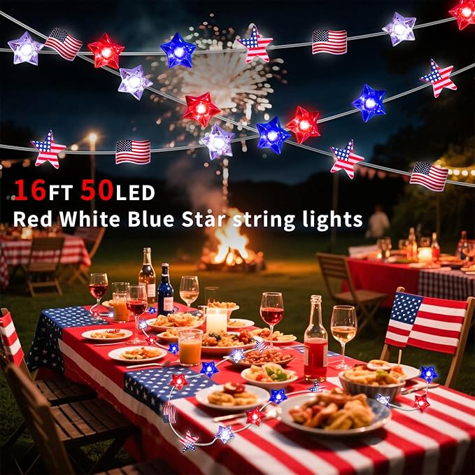 4th of July Independence Day Decorative Lights, Red White Blue 50 LED 16 FT Star-Shaped Patriotic Lights, USB Plug and Battery Powered Indoor-Outdoor Party Party (1 Pac)