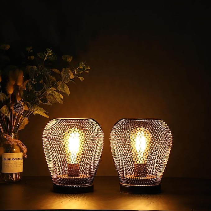 JHY DESIGN Set of 2 Metal Cage LED Lantern Battery Powered Lamp Cordless Accent Light with LED Edsion Style Bulb Great for Weddings Patio Events for Indoors Outdoors(Diamond Shape