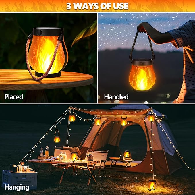 Solar Flame Lantern Hanging Outdoor Waterproof - 2 Pack Flame Lanterns with Dual Charging Modes of Solar & USB for Garden or Yard Christmas Decorations (Warm White - 2 Pack)