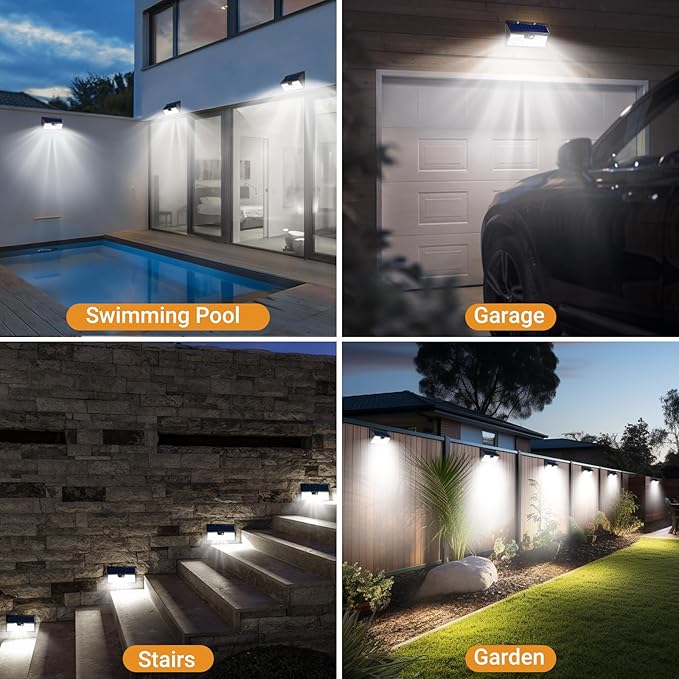 Solar Motion Lights Outdoor, 318 LED Waterproof Fence Light Solar Powered with 3 Lighting Mode, Cold White LED Step Light for Outside Wall Yard Deck Stairs Garden - 1 Pack