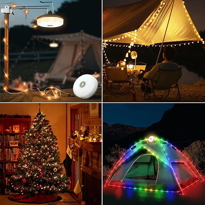 2-Pack Camping String Lights, 4 in 1 Portable Camping Light Rechargeable, 8 Lighting Modes, USB Charging, Quick Storage, 32.8FT Waterproof Tent Lights String for Camping, Hiking, Yard, Christmas