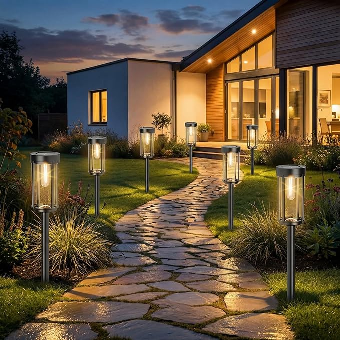 Sparkblaze 12 Pack Solar Pathway Lights Outdoor, Modern Classic Solar Garden Lights, Auto On/Off Landscape Lighting for Yard, Lawn, Patio, Walkway, Waterproof Solar Stake Lights. (12, Warm White)