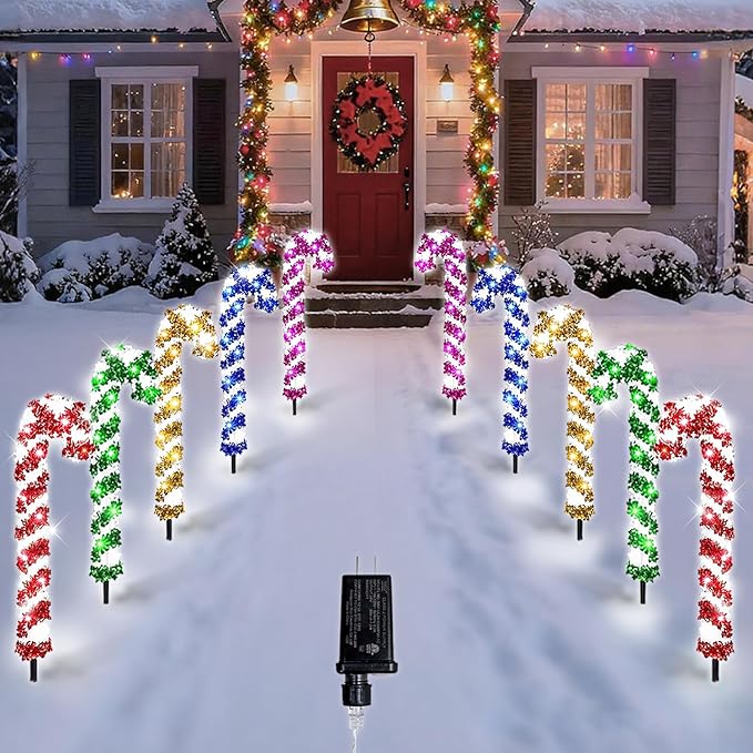 10 Pcs Christmas Candy Cane Lights 21'' Multicolor Candy Cane Pathway Light with 8 Lighting Modes Waterproof Christmas Pathway Lights with Stakes for Walkway Patio Yard Lawn Garden Decoration