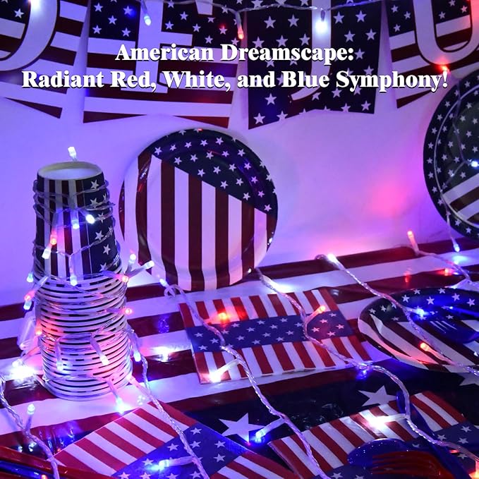 Red White and Blue Lights Battery Operated, 4th of July Lights with Timer Outdoor Waterproof 9.8ft 30 LED for 4th of July Independence Day Decorations Garland Party Garden 2 Packs