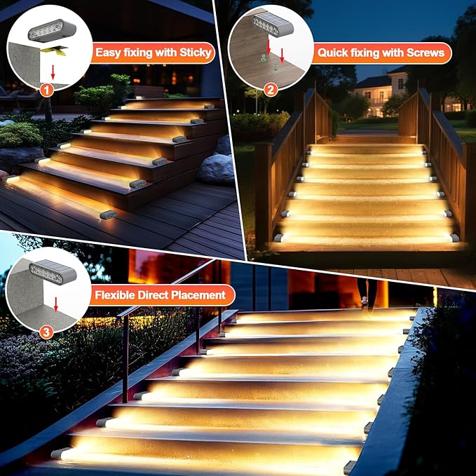 Solar Step Lights for Outside, 8-Pack Stair Light Outdoor Waterproof IP67, 14 LED Warm White Light Solar Powered Lighting for Steps, Stairs, Deck, Patio, Walkway, Front Porch Decor