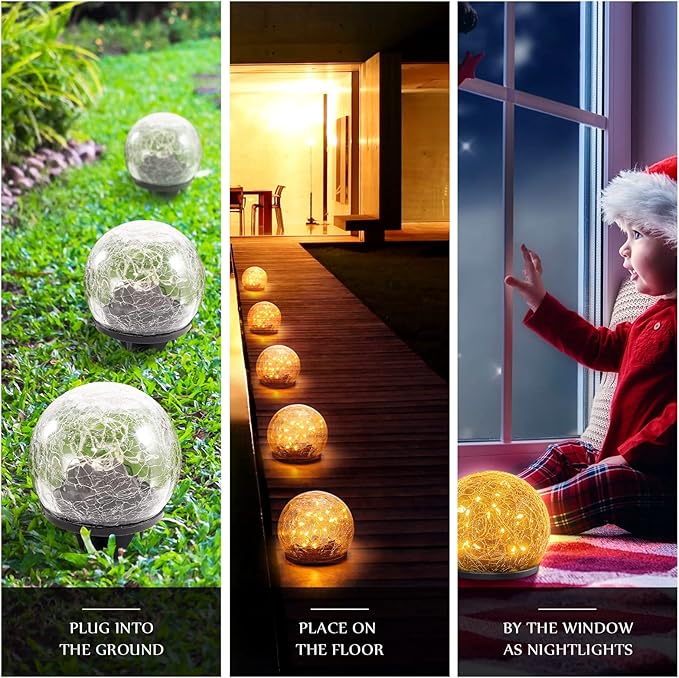 Honoson Solar Globe Lights Outdoor - Waterproof Cracked Glass Balls for Garden, Patio, Lawn & Yard, Warm White Solar LED Lights with Easy Installation & Durable Design(6 Inch,4 Pieces)