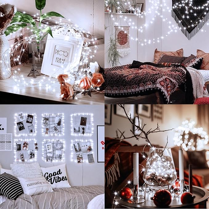 echosari 2 Pack Fairy Lights Battery Operated 100 LED 33Ft Silver Wire Christmas Lights Auto Timer 8 Modes Waterproof Mini String Lights for Indoor, Garden, Yard, Fence, Wedding Decor (Cool White)