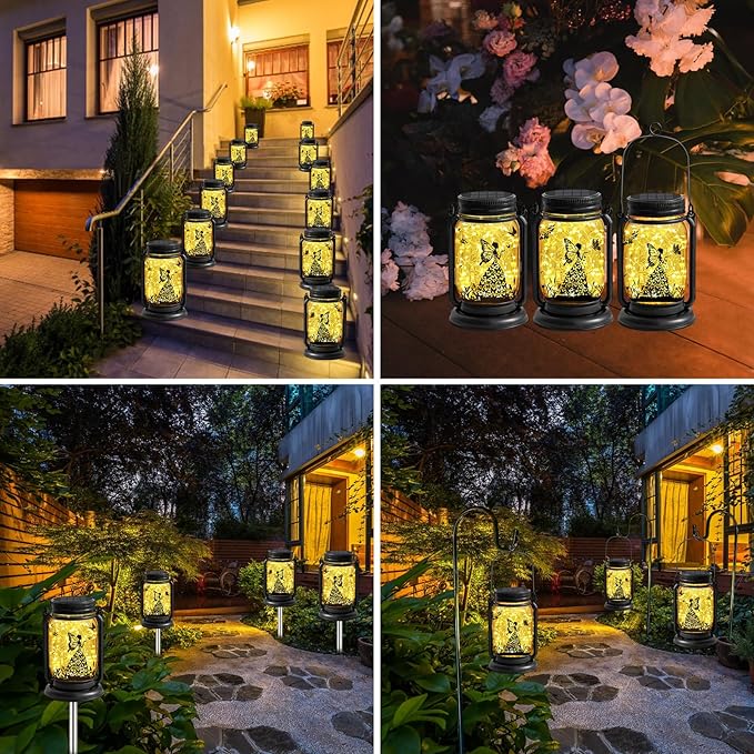 2 Pack Outdoor Hanging Solar Lanterns, Birthday Mothers Day Gifts for Women Mom Grandma,Fairy Butterfly Vintage Glass Mason Jar, Waterproof Garden Lights for Patio Yard Lawn Tree Party Decor