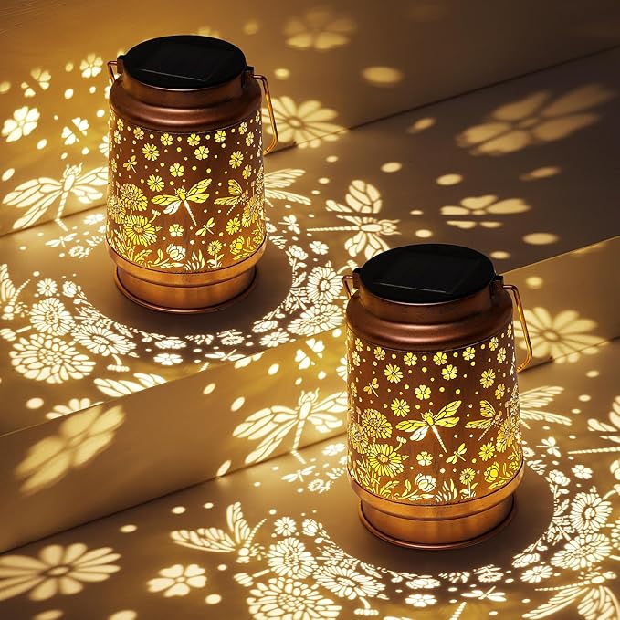 Dragonfly Solar Lanterns Outdoor Waterproof Daisy Garden Decor Birthday Gifts for Women Mom Grandma Hanging Solar Lights Metal Lantern Decoration Outside for Porch,Patio,Yard,Backyard