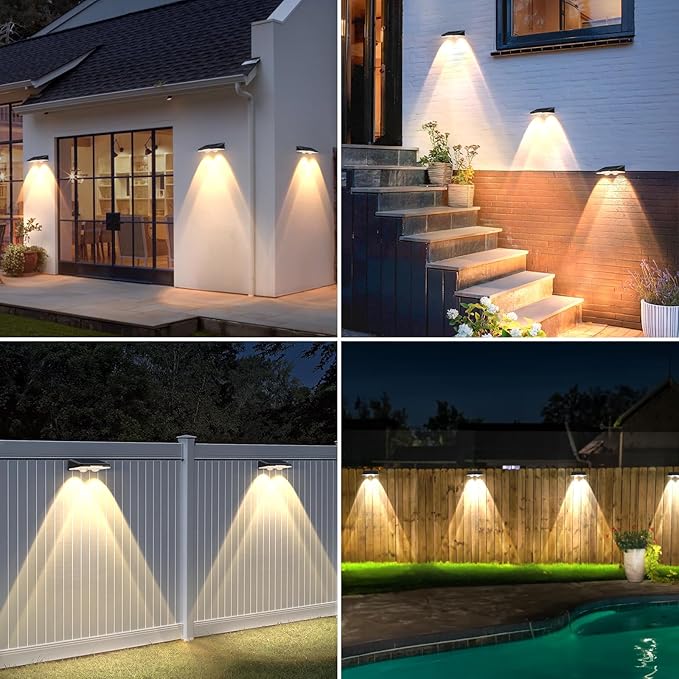 Solar Lights Outdoor Waterproof 4-Pack, Backyard LED Fence Lighting Outside Solar Powered with 3 Modes (3000K/4500K/6500K) for Deck, Step, Stairs, Balcony, Yard, Patio, Walkway, Pathway, Railing
