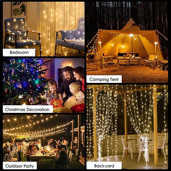 2-Pack Camping String Lights with Remote Control, 4 in 1 Portable Camping Light Rechargeable, 14 Lighting Modes, USB Charging, Quick Storage, 32.8ft Waterproof Tent Light for Hiking, Yard, Christmas