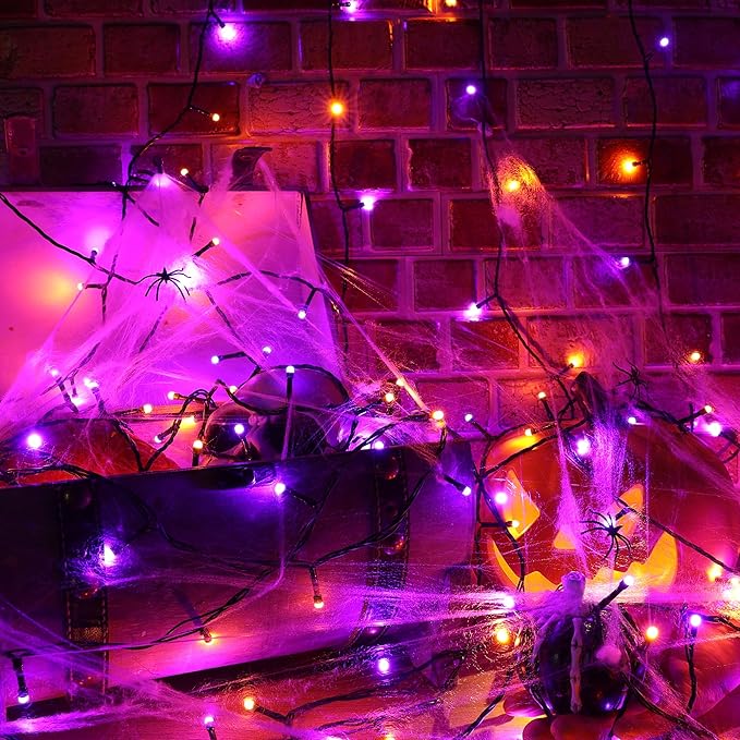 Lomotech Battery Operated Halloween Lights - 2 Pack Total 33ft 100 LED Orange Purple Battery Lights 8 Modes Waterproof with Timer for Home, Garden, Party, Holiday, Tree Decoration (Black Wire)