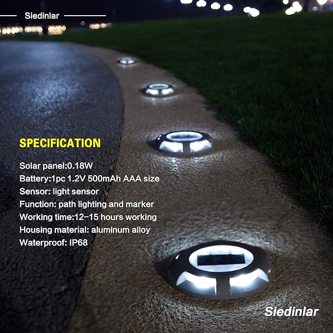 SIEDiNLAR Solar Deck Lights Driveway Dock LED Light Solar Powered Outdoor Waterproof Road Markers for Step Sidewalk Stair Garden Ground Pathway Yard 4 Pack (White)