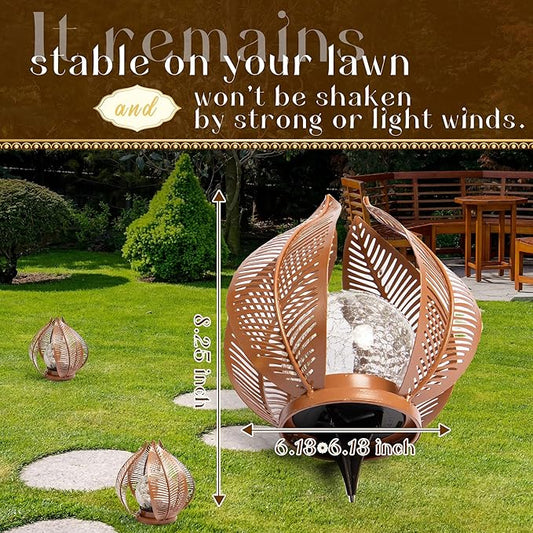 HPC Decor Solar Lights Outdoor Garden, Crackle Globe Glass,Metal Palm Leaf Solar Lights for Outside, Pathway Lights Waterproof LED Outdoor for Patio,Yard,Porch Decor,Gardening Gifts for Women/Mom.