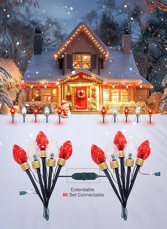 Moonflor Strawberry Jumbo C9 Christmas Lights Outdoor - 2 Pack Total 17FT 10 LED Jumbo C9 Christmas Pathway Lights Outdoor Decoration for Outside Lawn, Red & Pure White