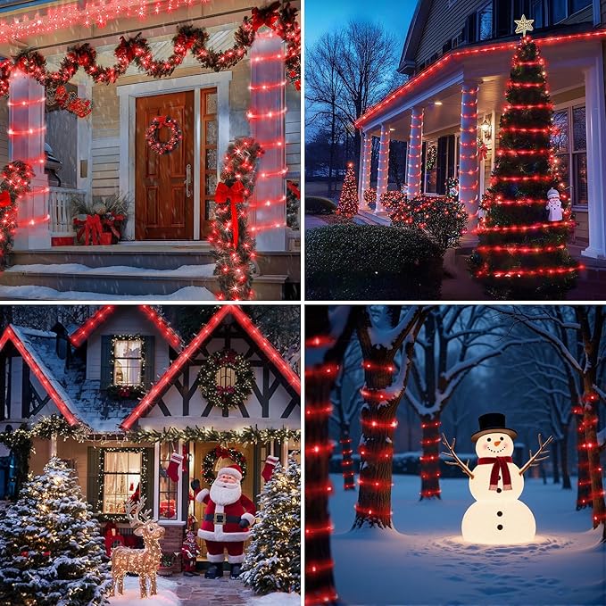 Jnaurb 2-Pack Battery Operated Rope Lights for Outside, Total 66FT 200LED 8 Modes Battery Operated String Lights, Waterproof Christmas Fairy Light with Remote for Outdoor Indoor Xmas Party Decor - Red
