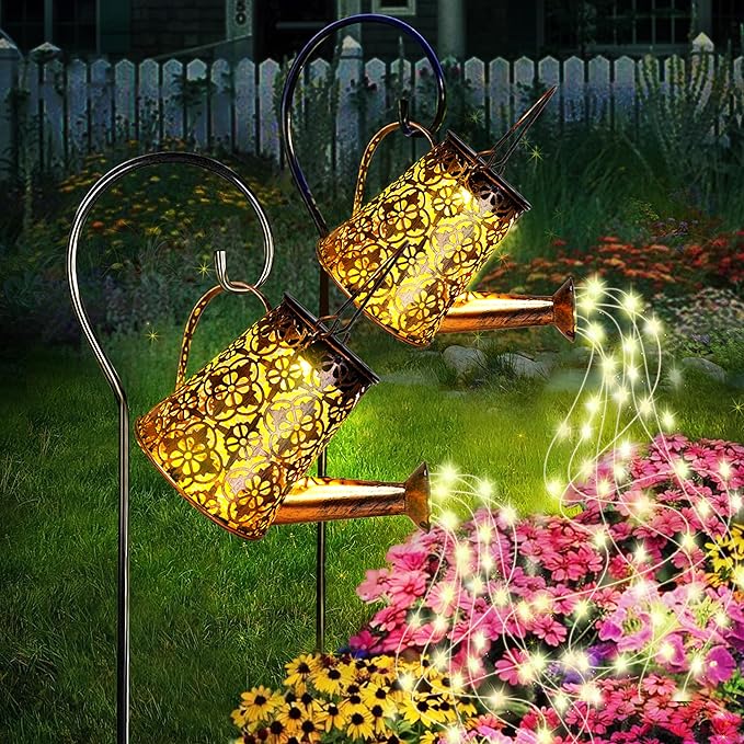Solar Garden Watering Can Lights with Cascading Lights, 2 Pack Outdoor Hanging Lanterns for Garden Decor,Fairy Gardening Gifts for Mom Birthday, Perfect for Patio Yard Pathway