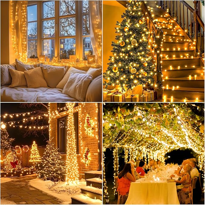 Christmas Lights Outdoor Battery Operated Total 100LED 33ft for Christmas Decorations 16.4Ft*2, 50LED*2 Waterproof Indoor with Timer for Christmas Decor, Warm White