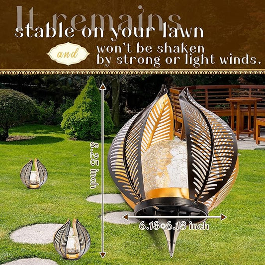 HPC Decor Solar Light Outdoor Garden, Crackle Globe Glass,Metal Palm Leaf Solar Light for Outside, Pathway Lights Waterproof LED Outdoor for Patio,Yard,Porch Decor,Gardening Gifts for Women/Mom.