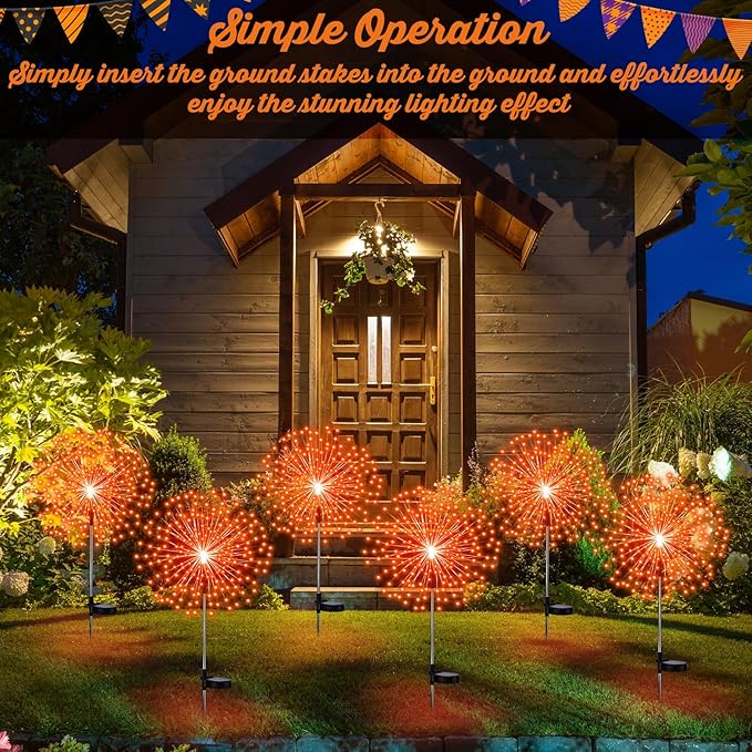 6 Pcs Easter Solar Firework Stake Lights 180 LED 8 Modes Solar Waterproof LED Sparkler Lights Outdoor Decoration for Easter Day Xmas Holiday Garden Patio Yard Pathway Walkway, Orange