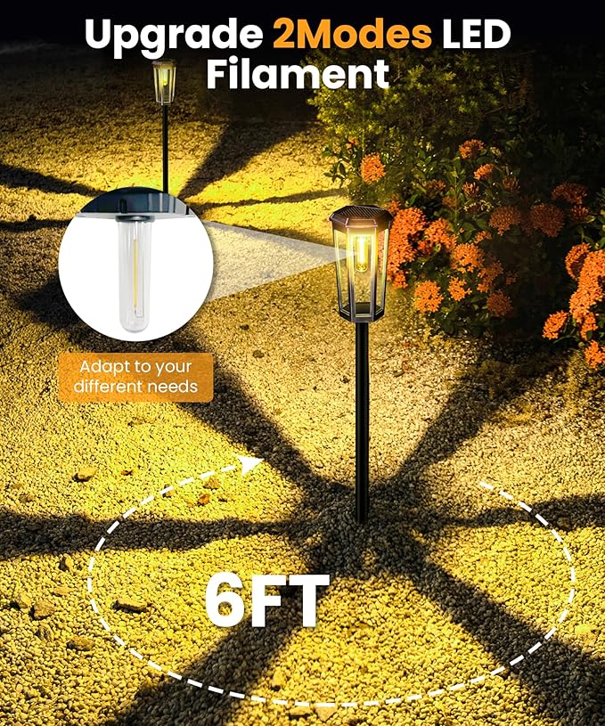 Solar Pathway Lights 6 Pack, 2 Modes Auto On/Off 40 Lumens Waterproof IP65 Landscape Lighting, Solar Lights Outdoor Walkway, Outside Lights Solar Power for Yard Garden Patio