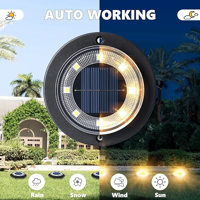 Flacchi Solar Lights Outdoor - Solar Powered Ground Lights Outdoor Solar Disk Light Waterproof Landscape Light for Patio Yard Pathway Walkway Driveway (Warm White, 12 Pack)