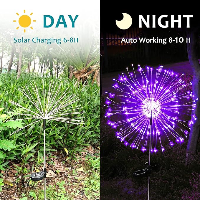 JJGoo Solar Firework Lights, 2 Pack 180 LEDs 2 Lighting Modes Solar Lights Outdoor Waterproof for Garden Patio Walkway Pathway Party Wedding Christmas Decorative - Purple